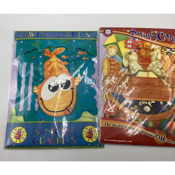 Set Of 3 SANTORO SWING CARDS- 3-D - Greeting Cards Fish Rocking Horse Cats - Picture 2 of 12